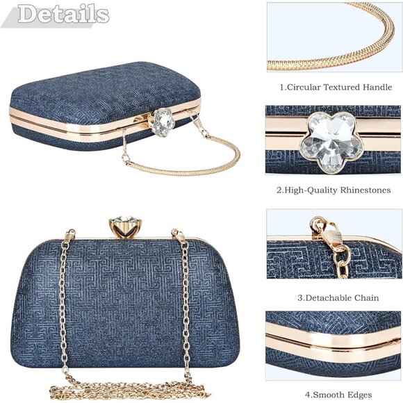 ⚡ Women\'s Blue Elegant Rhinestone Formal Events Unique Clutch Chain Strap Bag